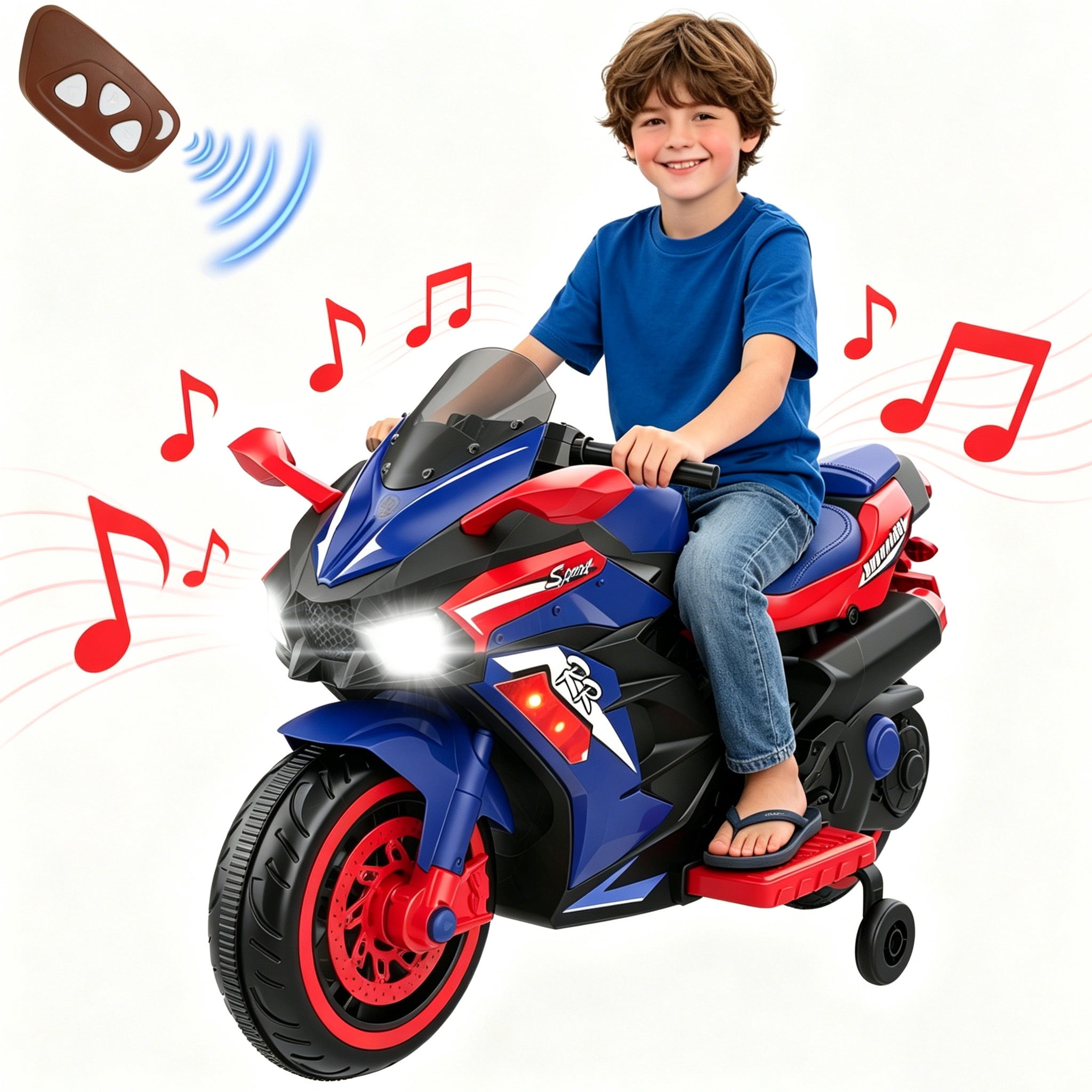 HNH 12V Ride on Motorcycle, Kids Motorcycle with Remote Control, Music, Bluetooth, Lights，Electric Motorcycle for Boys Girls