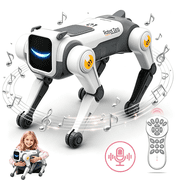 HNH Robot Dog Toy for Kids, 2.4Ghz Remote Control Stunt Dog with Music & Light, Voice Commands, White