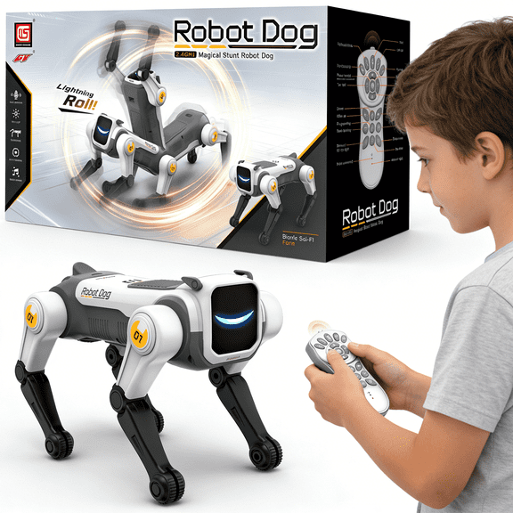 HNH Robot Dog Toy for Kids, 2.4Ghz Remote Control Stunt Dog with Music & Light, Voice Commands, White