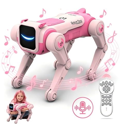 HNH Smart Puppy Toy for Kids, 2.4Ghz Remote Control Stunt Robot Dog with Music & Light, Voice Commands, Pink