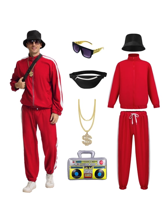 80s 90s Fancy Dress Men Authentic Hip Hop Outfit Retro Disco Costume for Halloween Cosplay Carnival(Red,XL)