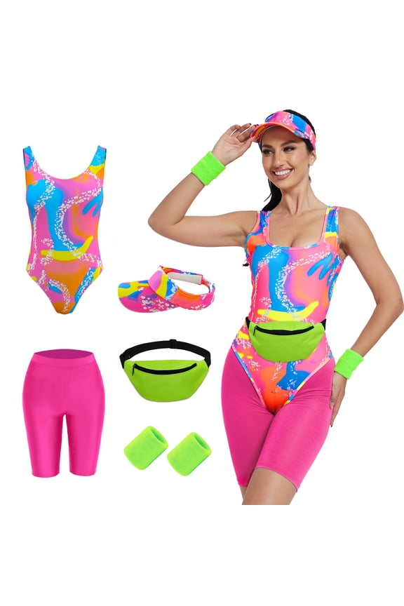 80s 90s Fancy Dress Women Retro Tracksuit Outfit Halloween Cosplay Swimwear Beachwear with Accessories,2XL