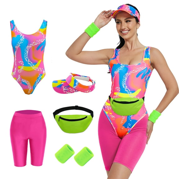 HNKMDK 80s 90s Fancy Dress Women Retro Tracksuit Outfit Halloween Cosplay Swimwear Beachwear with Accessories,L