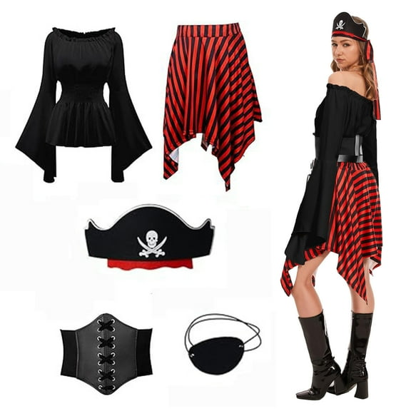 HNKMDK Adult Pirate Costumes for Women Halloween Queen Costumes Renaissance Shirts Pirate Skirts Turbans Waistbands Eye Masks(Black,L)