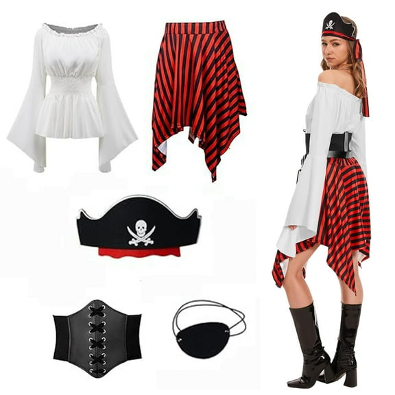 HNKMDK Adult Pirate Costumes for Women Halloween Queen Costumes Renaissance Shirts Pirate Skirts Turbans Waistbands Eye Masks(White,L)