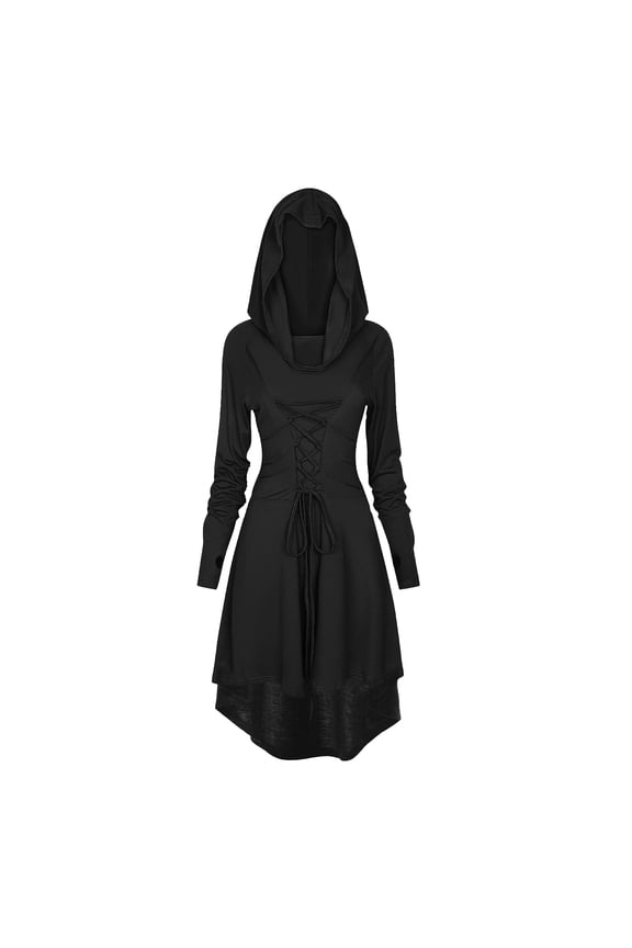Adult Renaissance Women Vintage Costume Dress Medieval Hooded Lace Up Long Robe(Black,3XL)
