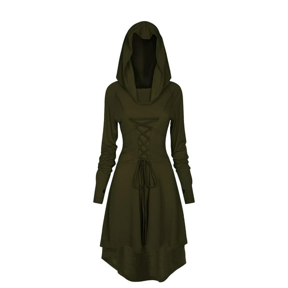 HNKMDK Adult Renaissance Women Vintage Costume Dress Medieval Hooded Lace Up Long Robe(Green,M)