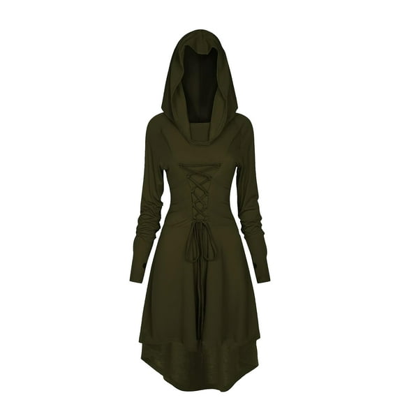 HNKMDK Adult Renaissance Women Vintage Costume Dress Medieval Hooded Lace Up Long Robe(Green,S)