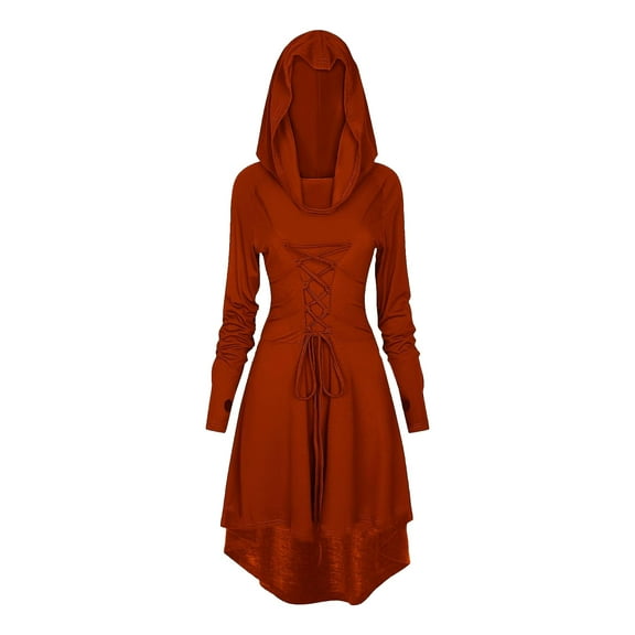 HNKMDK Adult Renaissance Women Vintage Costume Dress Medieval Hooded Lace Up Long Robe(Red,M)