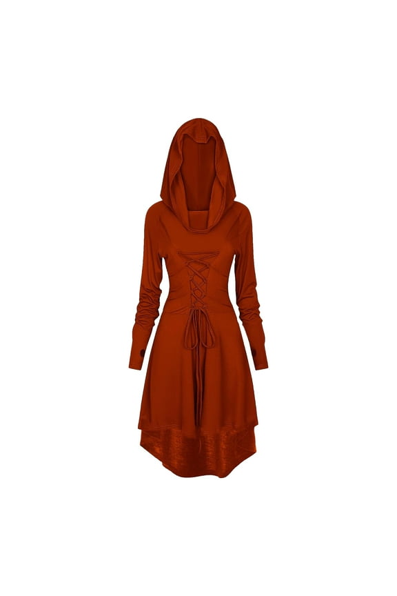 Adult Renaissance Women Vintage Costume Dress Medieval Hooded Lace Up Long Robe(Red,S)