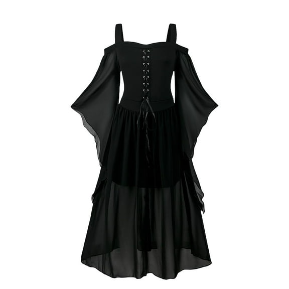HNKMDK Adult Women's Medieval Dress Renaissance Retro Gothic Bell Sleeves Halloween Cosplay Costume(Black,2XL)