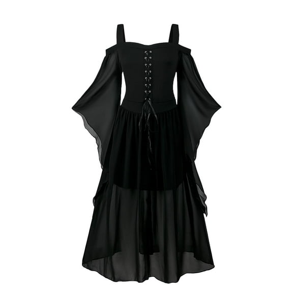 HNKMDK Adult Women's Medieval Dress Renaissance Retro Gothic Bell Sleeves Halloween Cosplay Costume(Black,L)