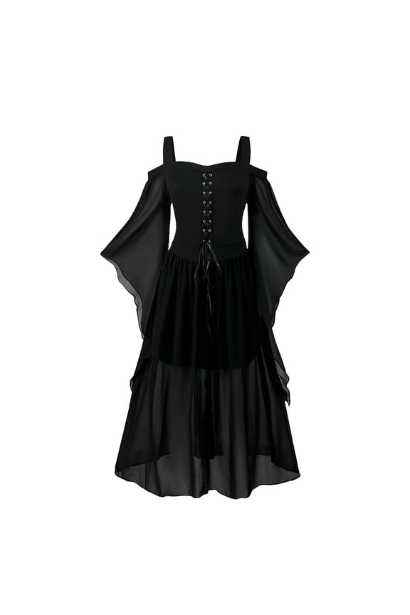 Adult Women's Medieval Dress Renaissance Retro Gothic Bell Sleeves Halloween Cosplay Costume(Black,S)