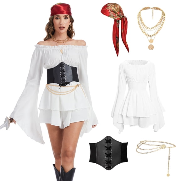 HNKMDK Women Pirate Costume Renaissance Princess Dress for Medieval Halloween Parties,White,(S)