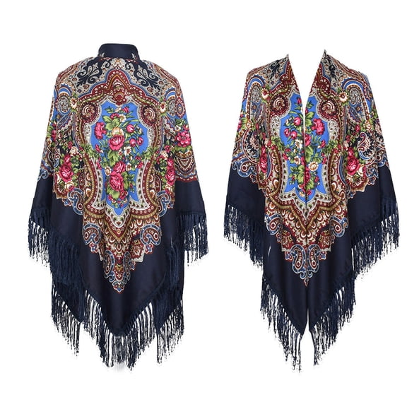 HNMKIU 1 Ethnic Printed Tassel Scarf Large Square 160x160cm For Autumn And Spring Lightweight Shawl Navy,One Size