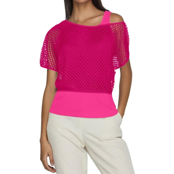 HNMKIU 1980s Neon Festival Fishnet Short Sleeve Top for Retro Party and Dance Events Pink-2,XXL
