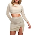 thumbnail image 1 of HNMKIU 2 Piece Skirt Sets for Women Long Sleeve Figure Openwork Top with Slit Bottom Plus Size Mini Skirts for Women Beige，L, 1 of 5