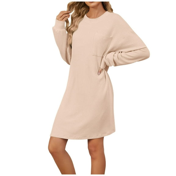 HNMKIU 2025 Women's Autumn Winter Round Neck Solid Color Pocket Loose Long Sleeve Dress for Women Comfortable Casual Beige,XXL