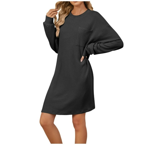 HNMKIU 2025 Women's Autumn Winter Round Neck Solid Color Pocket Loose Long Sleeve Dress for Women Comfortable Casual Black,XXL