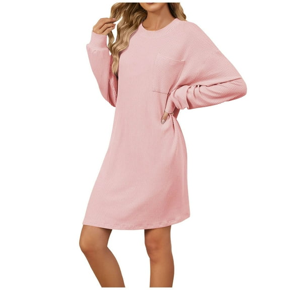 HNMKIU 2025 Women's Autumn Winter Round Neck Solid Color Pocket Loose Long Sleeve Dress for Women Comfortable Casual Pink,S