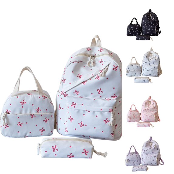 HNMKIU 3PCS Bow Backpack Cute Preppy Set For Girls With Lunchbox School Pencil Pouch Girly Daypack College Bookbag Small Makeup Bag ,Light Pink