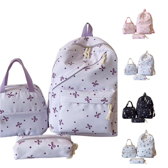 HNMKIU 3PCS Bow Backpack Cute Preppy Set For Girls With Lunchbox School Pencil Pouch Girly Daypack College Bookbag Small Makeup Bag ,Purple