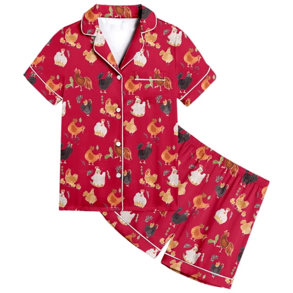 HNMKIU Adorable Animal Chicken Print Kids Button Down Pajama Set Comfortable Short Sleeve Sleepwear Outfits for Girls Red,6-7 Years