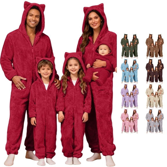 HNMKIU Adorable Cat Ear Hooded Full Romper Family Matching Pajamas Baby Jumpsuit Winter Parent Child Loungewear Cozy Holiday Sleepwear Unisex Toddler Bodysuit