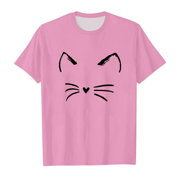 HNMKIU Adorable Cat Print Short Sleeve T-Shirt for Toddler Girls Comfortable Casual Top Pink,10-11 Years