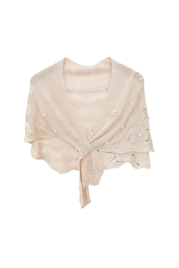 Autumn Knitted Shawl With Wavy Pattern and Pearl Shoulder Strap Wrap for Everyday and Wear – Seasonal Versatility and Elegant Detailing Beige,One Size