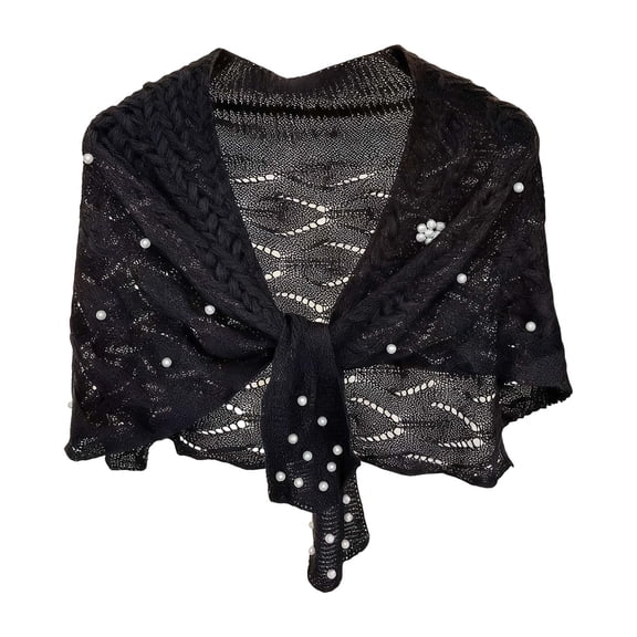 HNMKIU Autumn Knitted Shawl With Wavy Pattern and Pearl Shoulder Strap Wrap for Everyday and Wear – Seasonal Versatility and Elegant Detailing Black,One Size