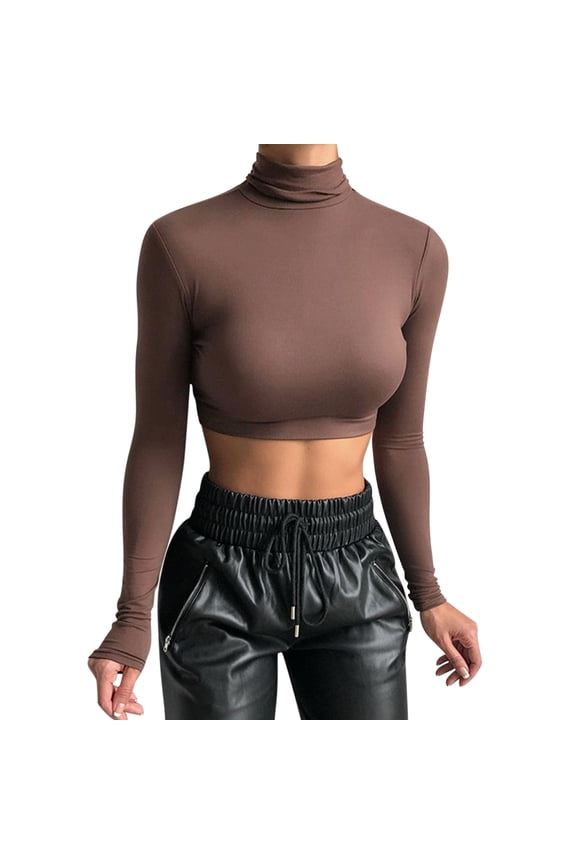 Autumn Winter Basic Cropped T Shirts for Women Slim Fit Turtleneck Long Sleeve Solid Crop Top Shirt for Women Coffee,S