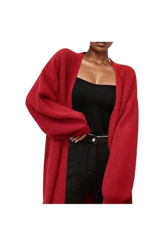 Autumn Winter Korean Version Mid Length Knitted Cardigan Women's Casual Lazy Style Solid Color Thick Balloon Sleeves Plus Size Cardigan Sweaters for Women Red,One Size