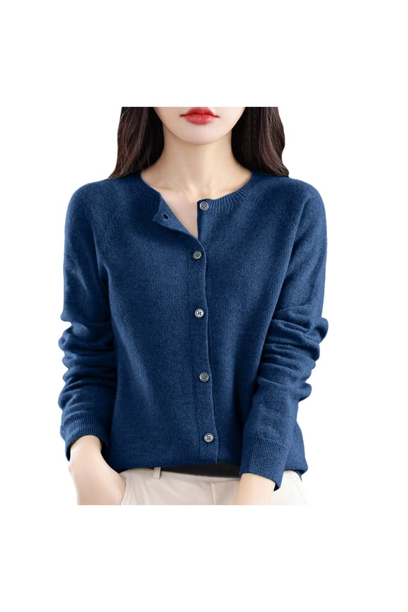 Autumn Winter Loose Fit Open Front Cardigan Sweater Round Neck Knit Jacket Korean Style Outerwear for Women 02_Blue,L