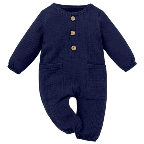HNMKIU Baby Boys Linen Baby Romper Jumpsuit Casual Outfit with Patch Pockets Comfortable Soft Playwear for Toddler Blue,0-3 Months