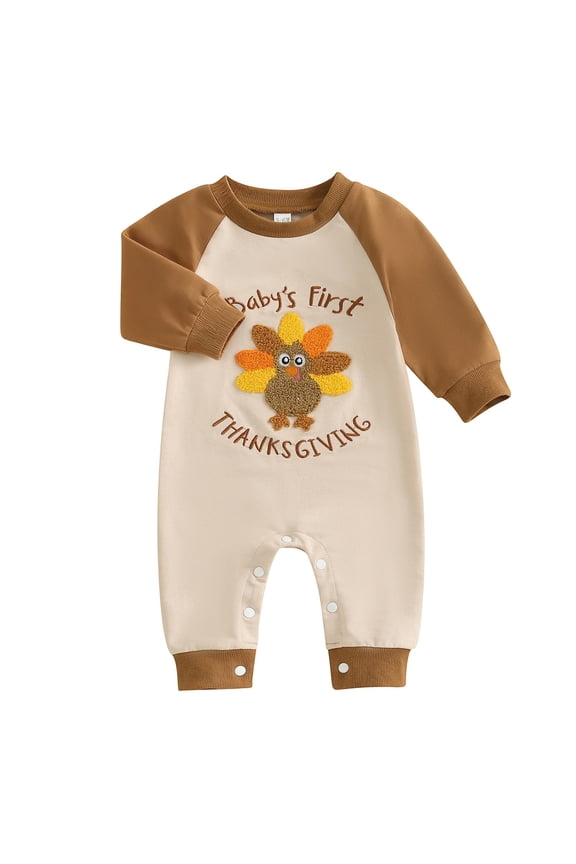 Baby Boys Thanksgiving Romper Jumpsuit Long Sleeve Bodysuit With Embroidered Turkey Design Cute Crawler Outfit Holiday Photoshoot Brown,0-3 Months