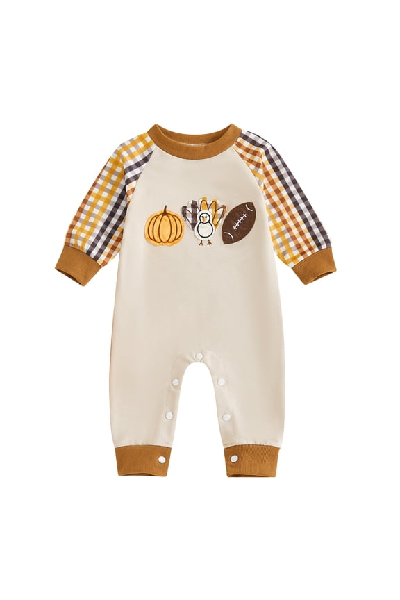 Baby Boys Thanksgiving Turkey Embroidered Romper Jumpsuit Soft Long Sleeve Cute Fall Outfit Beige,6-12 Months
