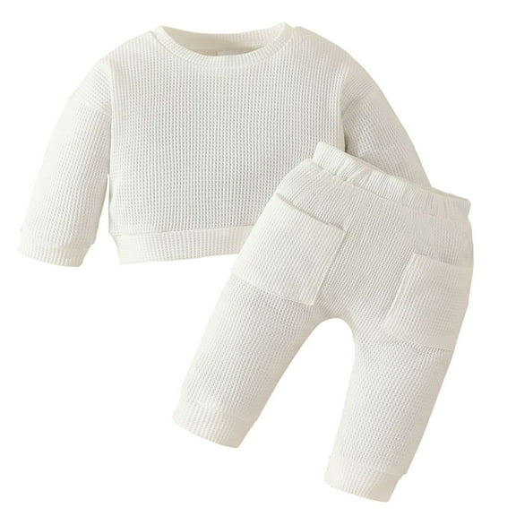 HNMKIU Baby Fall Outfits Solid Color Long Sleeve Bodysuit Tops Pants Set Winter Clothes for Boys and Girls White,0-3 Months
