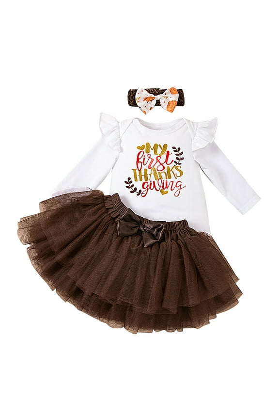 Baby Girl Outfits Thanksgiving Bodysuit Tutu Skirt Headband Clothes Set with Long Sleeve Romper for Holiday Photoshoot and Party White-c,6-9 Months
