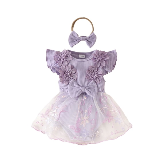HNMKIU Baby Girl Summer Romper Dress Fly Sleeve Flower Embroidery Mesh Skirt Hem Ribbed Bodysuit for Girls d-Purple,12-18 Months