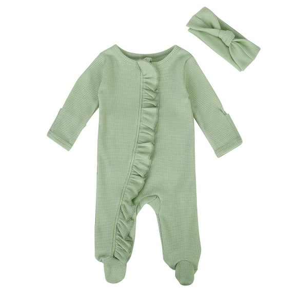 HNMKIU Baby Girls Boys Spring Fall Clothes Knit Ruffle Footies Baby Romper Jumpsuit with Headband Outfit for Light Green,0-3 Months