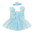 thumbnail image 1 of HNMKIU Baby Girls Lace & Mesh Tutu Baby Romper with Floral Print Summer Crawler Dress + Headband Accessory for Toddlers g-Blue,12-18 Months, 1 of 3