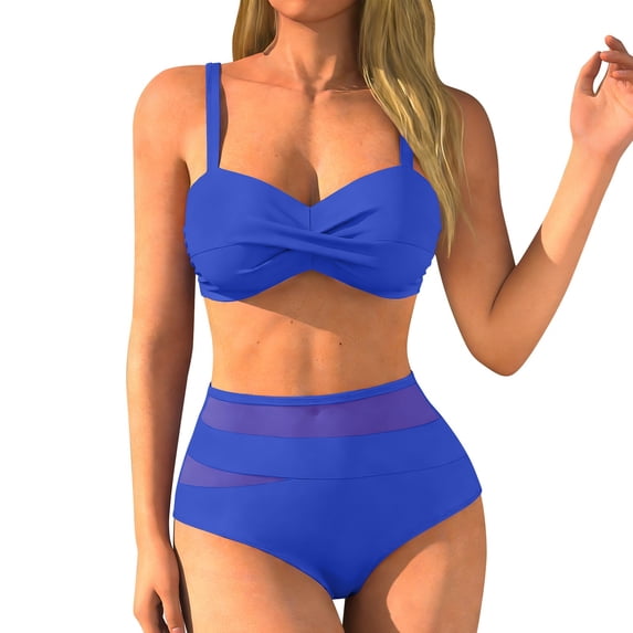 HNMKIU Bathing Suit for Women Fashionable Two Piece Swimwear Solid Push Up Bikini Top with High Waisted Bottoms Women'S Swimwear 01_Blue,L