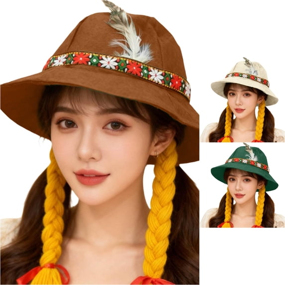 HNMKIU Bavarian Festival Bucket Hat For Oktoberfest With Braids Traditional Party Accessory Brown,One Size