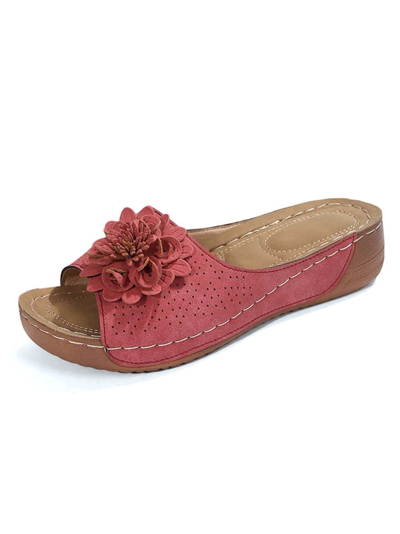 Beach Sandals Women's Stylish Open Toe Platform Slides with Floral Embellishment Comfortable Casual Style with Temperament for Summer Summer Shoes Red,9.5