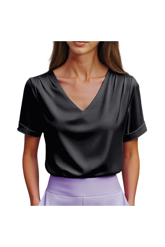 Blouse for Women Fashion Elegant Ruffle Collar Short Sleeve Casual V Neck for Ladies Turtleneck Tops for Women 01_Black,S