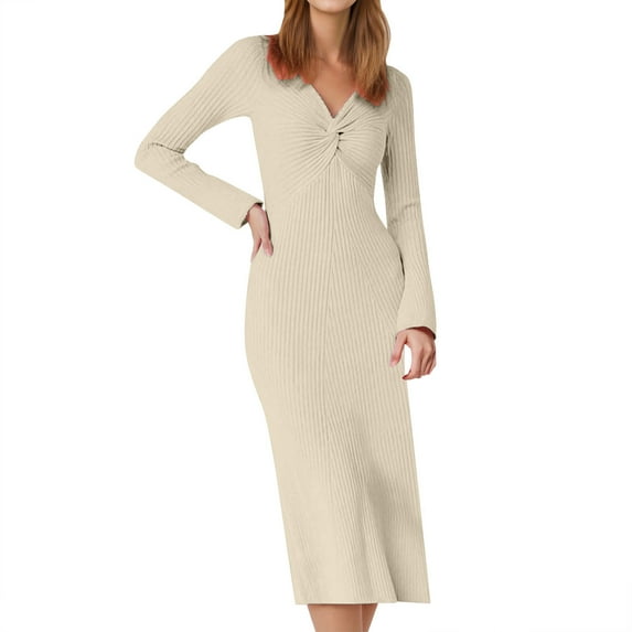 HNMKIU Bodycon Dresses for Women Ribbed Knit Maxi Long Sleeve V Neck Casual Sweater Midi Comfortable Long Sleeve Dress Beige,S