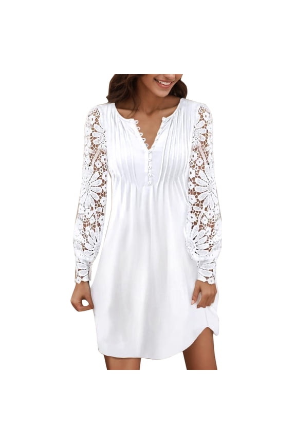 Boho for Women Casual Summer Lace Off Shoulder V Neck Short Sleeve Beach Swing Fashion Slim Lace Up Midi Long Sleeve Dress for Women White,L