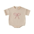 thumbnail image 1 of HNMKIU Boys Girls Short Sleeve Rompers Bowknot Embroider Pullover Sweatshirt Bodysuits for Babies Beige-2,6-12 Months, 1 of 4