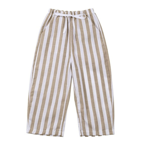 HNMKIU Boys' Minimalist Striped Linen Harem Pants Elastic Waist Casual Trousers for Toddler Baby Kids Spring Summer Daily Wear Coffee,3-4 Years